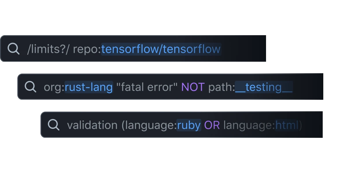 The image displays three search queries. The first query is
