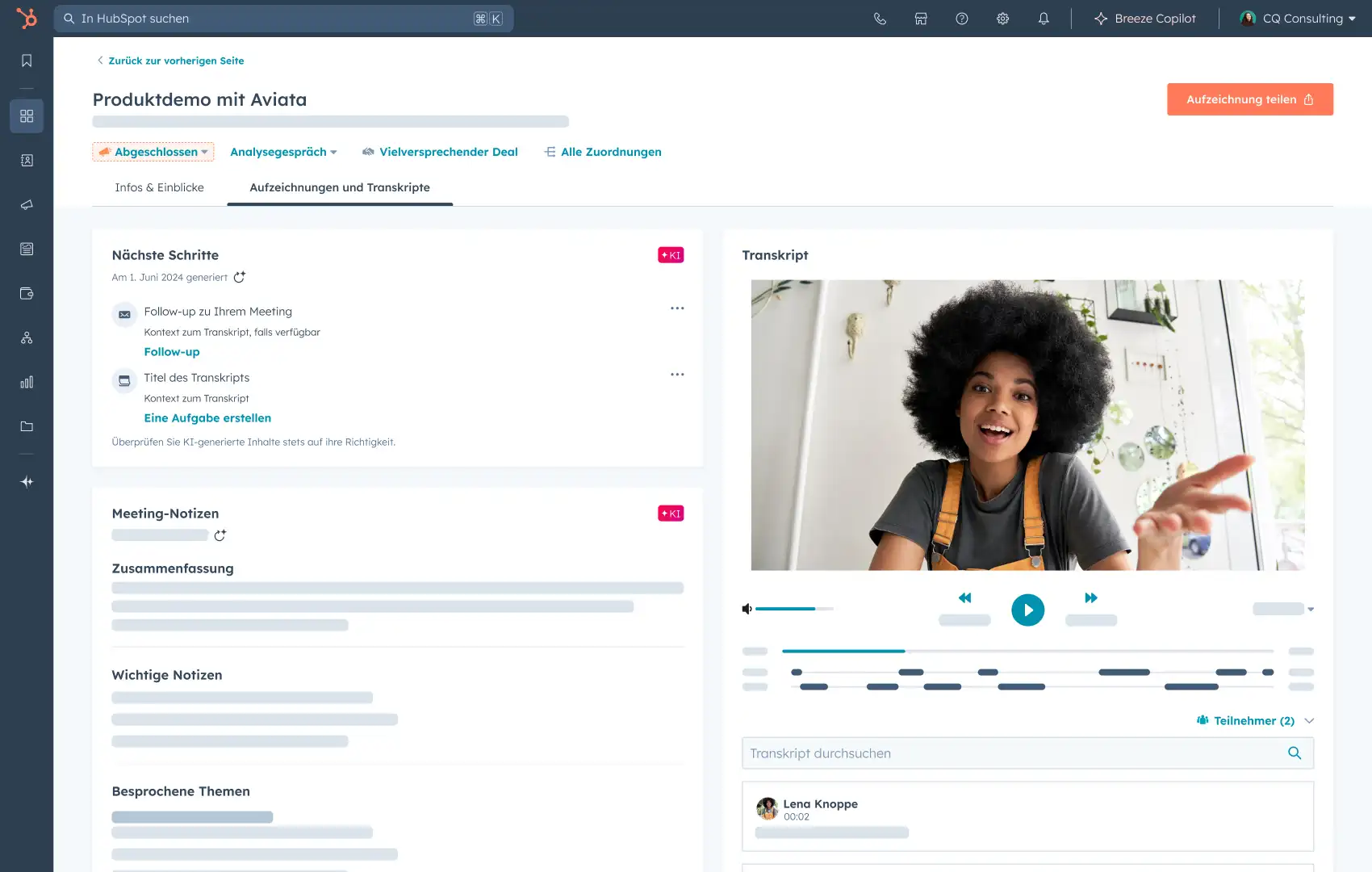 UI des KI-Meeting-Assistenten in Sales Hub