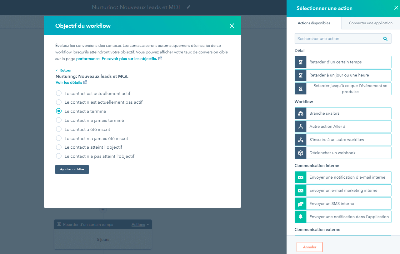 Un aperçu d'un workflow de lead nurturing, dans le logiciel de marketing automation de HubSpot.