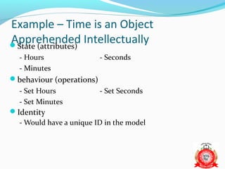 Example – Time is an Object
Apprehended Intellectually
State (attributes)
  - Hours                 - Seconds
  - Minutes
behaviour (operations)
  - Set Hours             - Set Seconds
  - Set Minutes
Identity
  - Would have a unique ID in the model
 