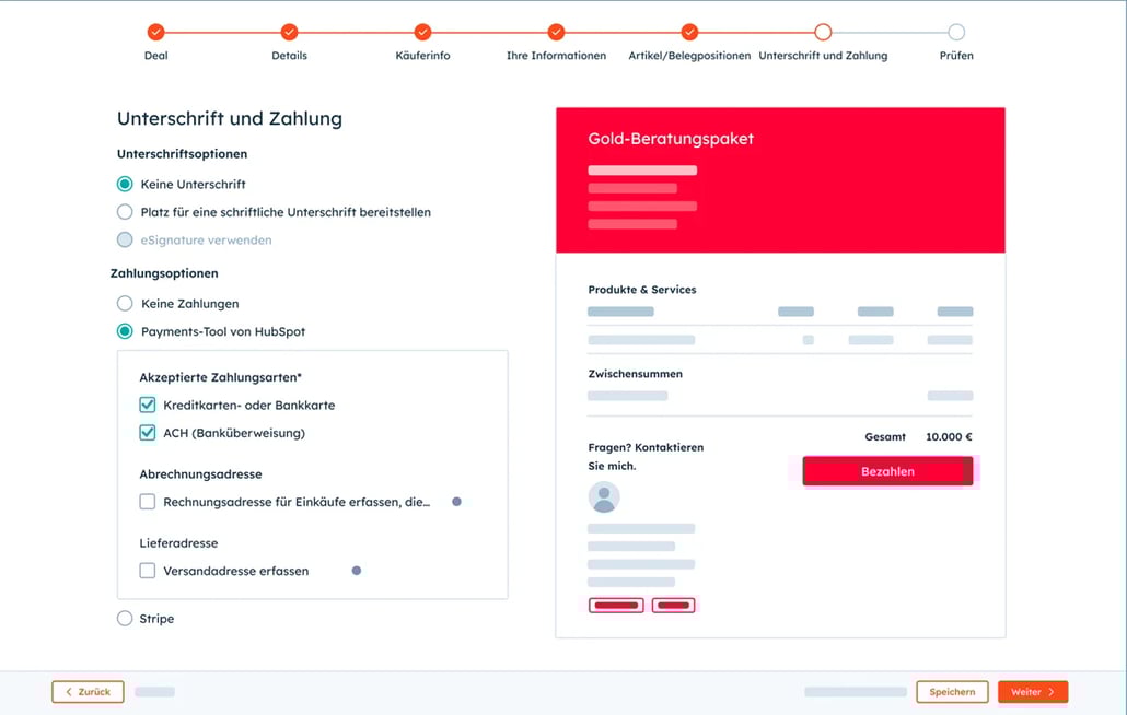 Benutzeroberfläche der Angebotssoftware von HubSpot mit Informationsfeldern zu Angebotsdetails