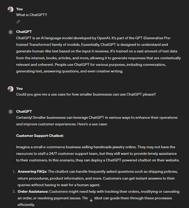 Screenshot aus ChatGPT mit der Frage was ChatGPT ist