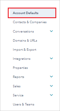 The Account Defaults option in HubSpot