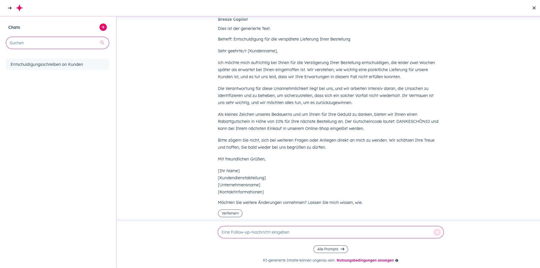 Screenshot aus KI-Assisent Breeze zur Erstellung eines Entschuldigungschreiben