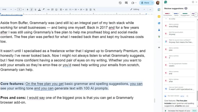 Screenshot aus einem langen Google Doc mit korrigiertem Text von Grammerly