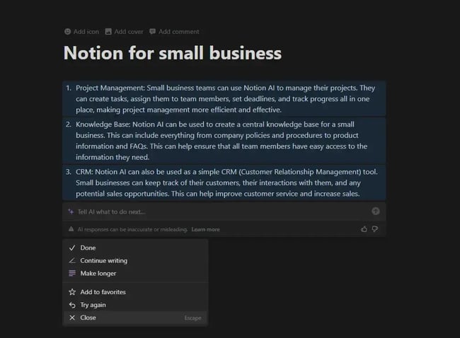 Screenshot Notion KI-Tool