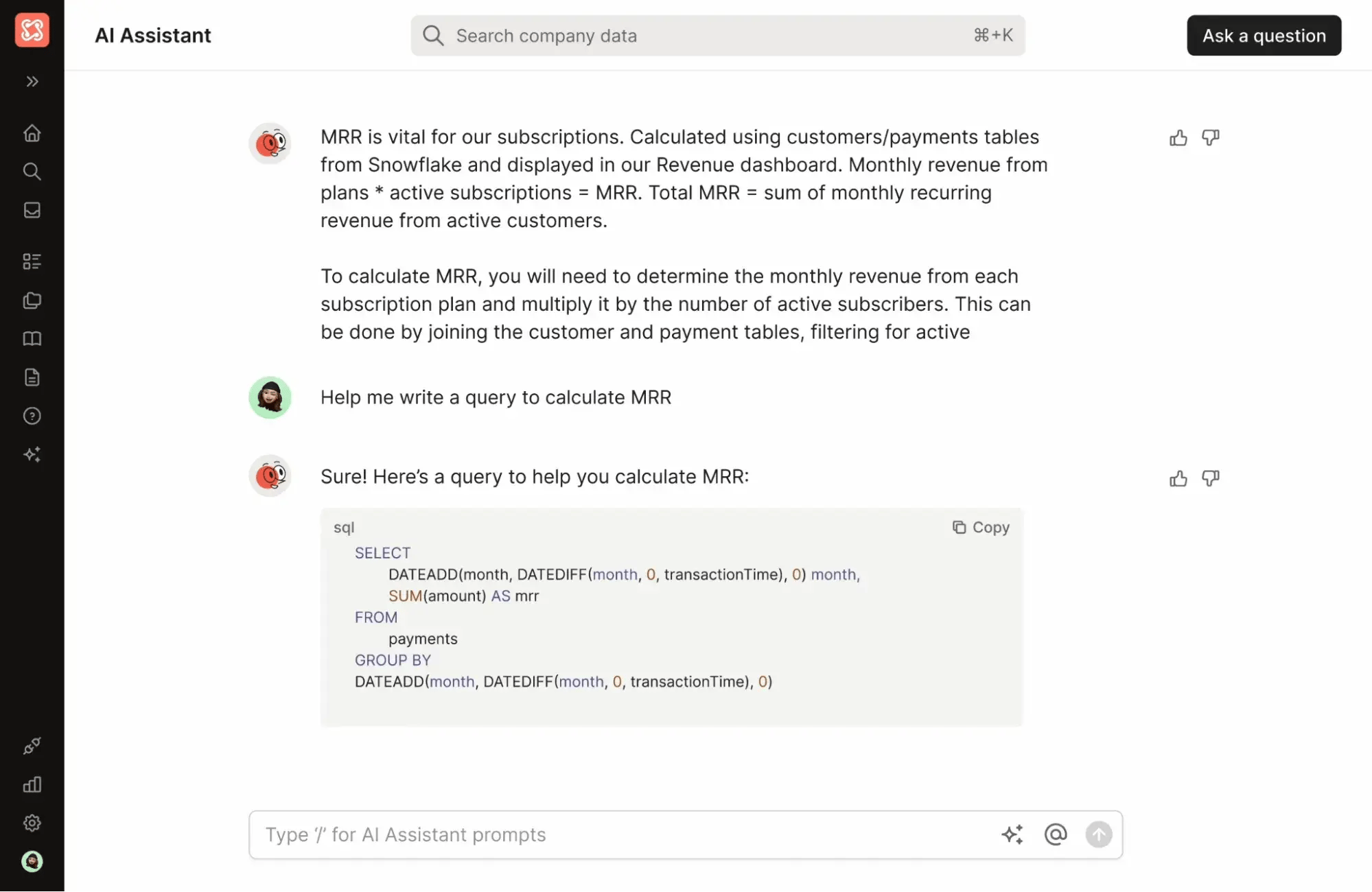 Screenshot aus dem Chatbot von Secoda