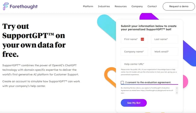 Screenshot eines Formulars einen KI-Chatbot gratis zu texten