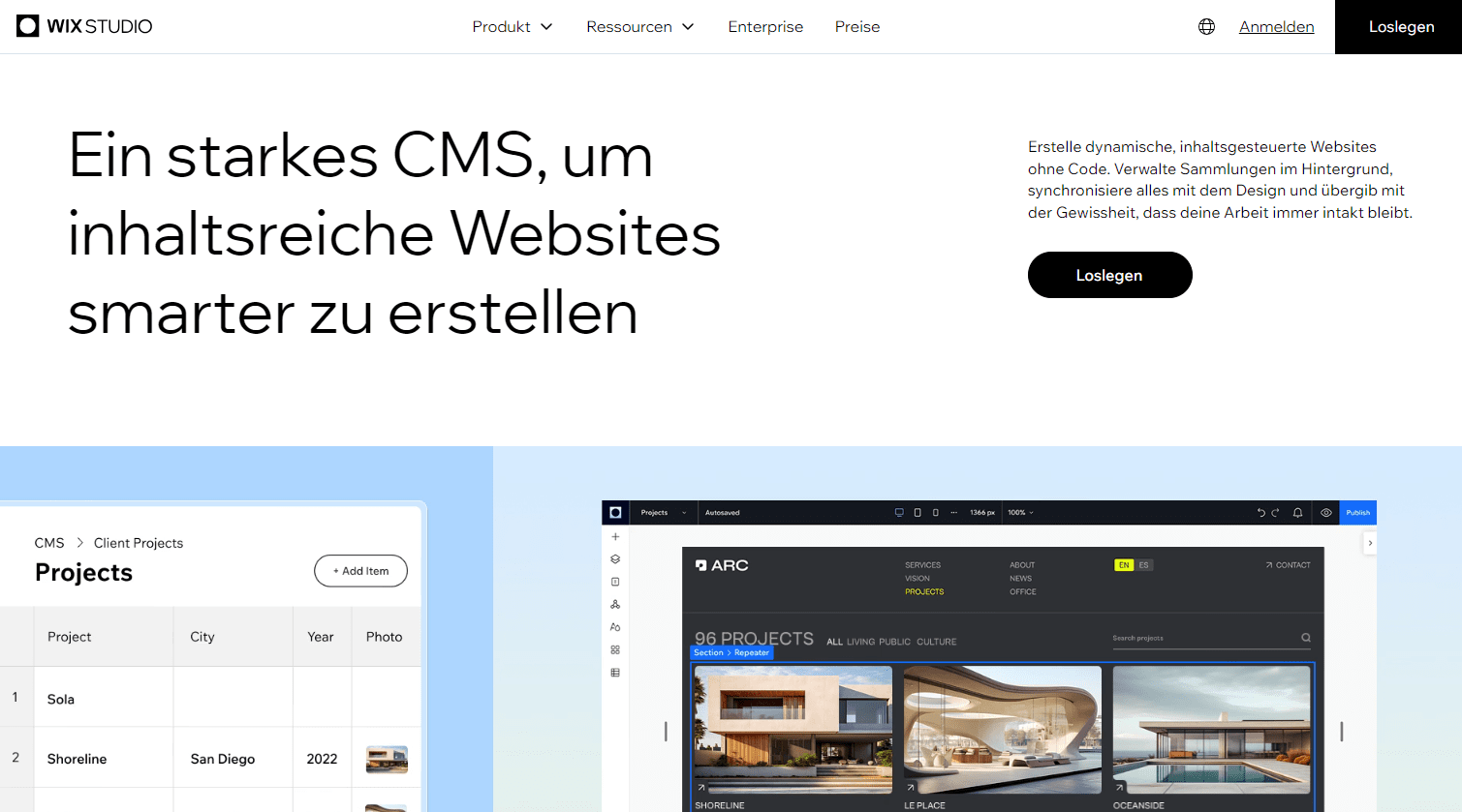 Screenshot CMS-System Wix