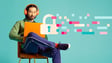 A man sitting on a chair, wearing orange headphones and a green shirt, is focused on an orange laptop, with digital lock and pixelated graphics symbolizing data security emanating from the device against a teal background.