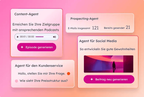 Vereinfachte Benutzeroberfläche, die die Funktionen von Breeze Agent für die Content-Erstellung, Prospecting, den Website-Chatbot und das Posten in sozialen Medien zeigt