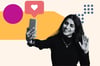 a hubspot-branded featured image graphic of a woman in black and white holding a phone with an instagram like icon positioned above it