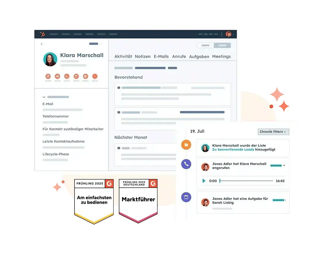 Die vereinfachte HubSpot-Benutzeroberfläche zeigt einen Kontaktdatensatz für ein Unternehmen im CRM-System von HubSpot sowie die Aktivitäten und Interaktionen des Kontakts mit dem Unternehmen.