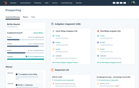 HubSpots Prospecting-Workspace mit einer Übersicht über die Vertriebsaktivitäten