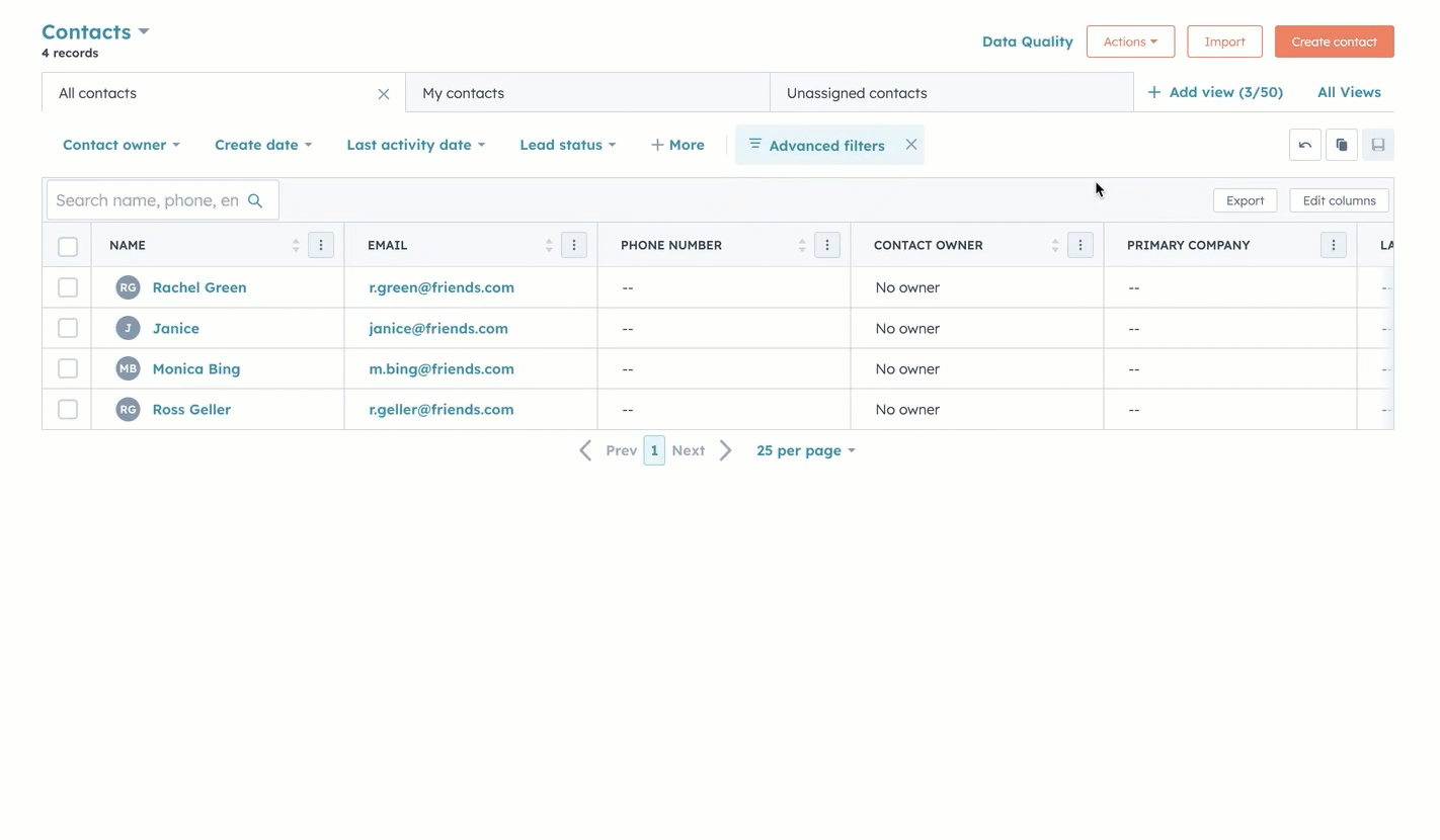 a HubSpot contact index page showing the user filter by Has been enriched property using the advanced filters menu