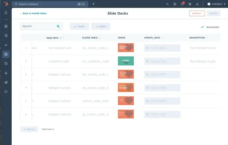hubdb table with slides 